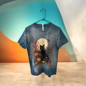Custom Bleach Dyed Black Cat Floral Moon Graphic Tee Bella Canvas M Goth